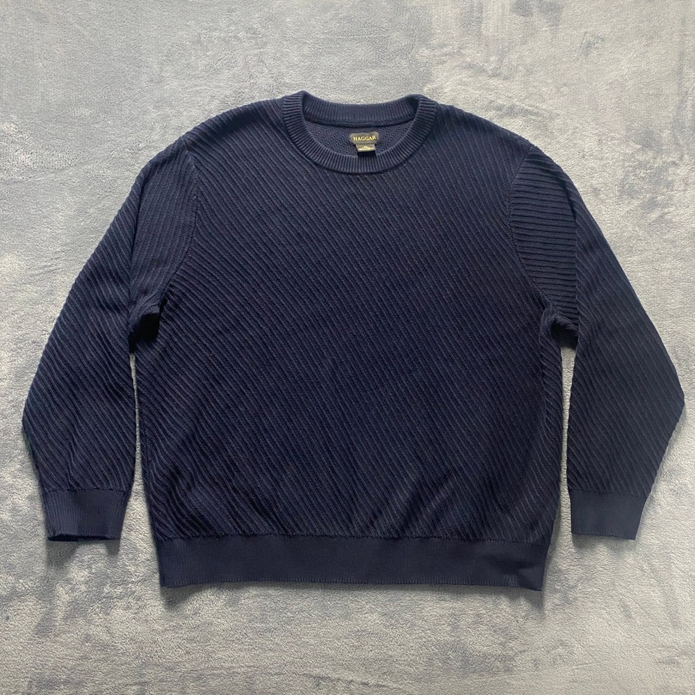 Haggar Crewneck Sweater Mens XXL Navy Blue Heavyweight Diagonal Ribbed Pullover